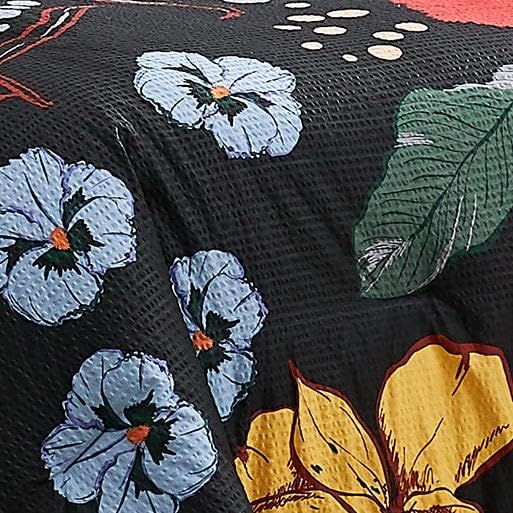 CASAAGUSTO Queen Comforter Set, 7 PCS Black Floral Comforter Set with Flowers Leaves Pattern, Soft Seersucker Design All Season Queen Size Bedding Set (90"X90")