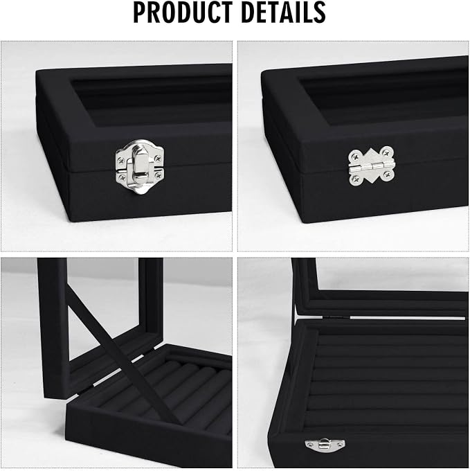Vicoter Rings Organizer Tray 7 Slots Velvet Jewelry Earring Storage Box with Transparent lid Jewelry Display Case for Girls Wife Mom Women (Black) - Image 4