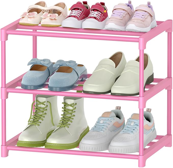 HITHIM 3-Tier Pink Shoe Racks for Women/Girls/Kids' Closet, Small Shoe Storage for 5-7 Pairs, Lightweight Stackable Shoe Shelf Organizer for Entryway, Front Door Entrance, Bedroom by HITHIM