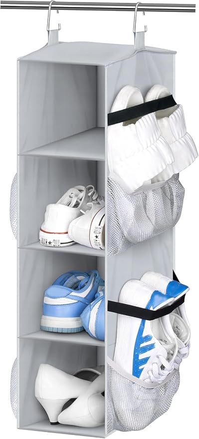SLEEPING LAMB Short Hanging Shoe Organizer for Closet Storage with Mesh Side Pockets Holds 8 Pairs, Hanging Shoe Rack Hanger RV, Camper, Grey by SLEEPINGLAMB