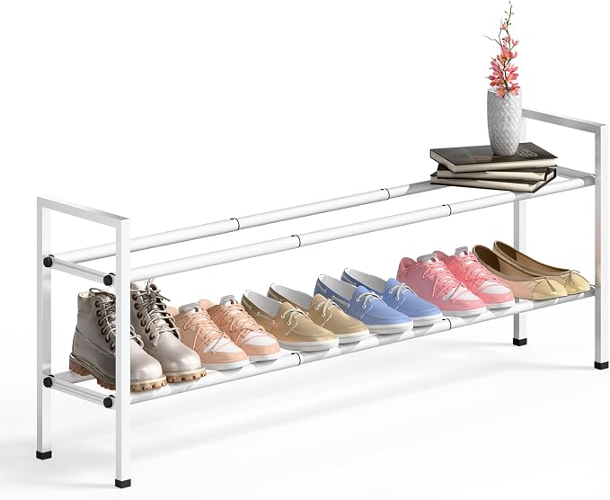 Bumusty 2-Tier Long Expandable Shoe Rack for Closet, 18"-44" Adjustable Shoe Rack for Entryway, 10-12 Pairs Large Shoe Organizer Shelf Storage, Sturdy Metal, White by BUMUSTY