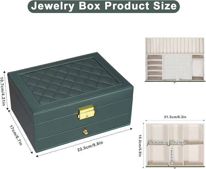 GUOER Jewelry Box for Women Girl Wife - Large PU Leather Jewelry Organizer Storage Case with Two Layers Display for Earrings Bracelets Rings Watches (Hunter Green) - Image 3