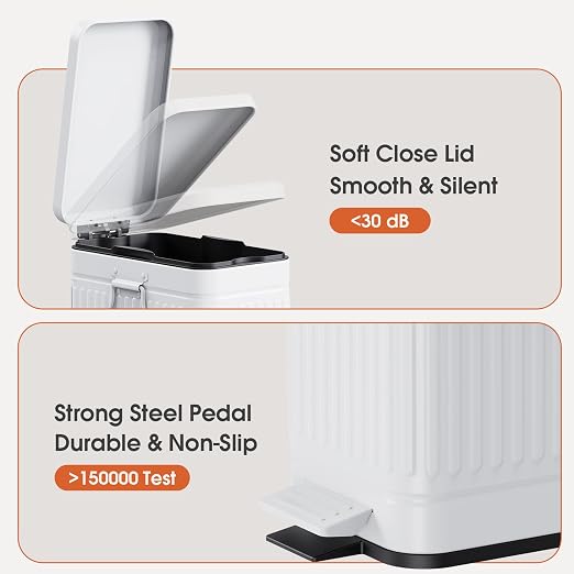 Small Bathroom Trash Can with Lid Soft Close, 6L / 1.6 Gallon Stainless Steel Small Garbage Can with Step Pedal, Slim Waste Basket for Bedroom, Toilet, Office - White - Image 3