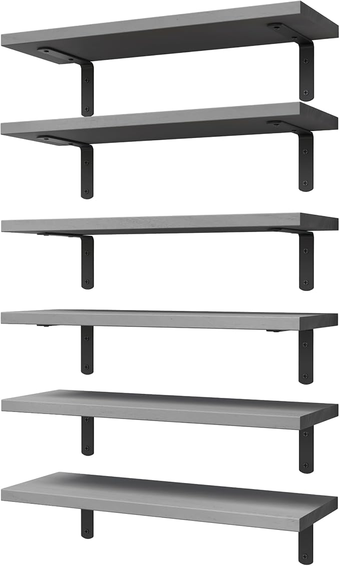 WOPITUES Wood Floating Shelves Set of 6, Shelves for Wall Decor, Farmhouse Shelf for Bedroom, Bathroom Storage Shelves, Book Shelves for Living Room-Grey by WOPITUESOfficial