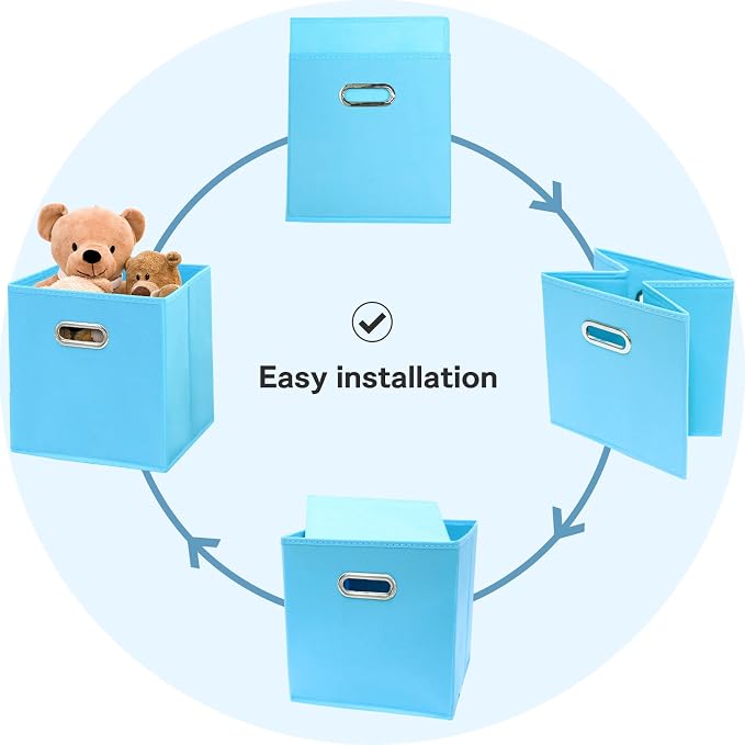 Fabric Cubby Storage Bins - 13x13x13 Inches, Foldable Cube Organizer Bins with Dual Handles - Set of 6, Blue - Image 6