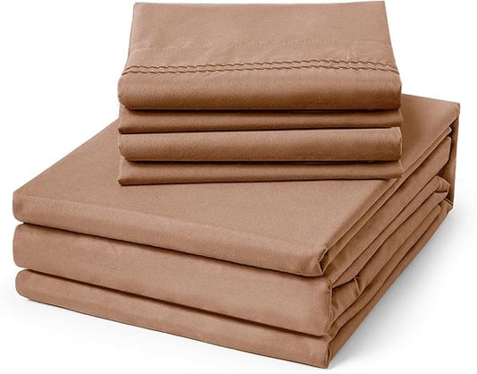 ClevaHome King Size Sheet Set - 6 Piece Soft Breathable Luxury Bed Sheet Set - Shrinkage & Fade Resistant Embroidered Bedding Sheet with 14-inch Deep Pocket, 2 Extra Pillowcases (King, Sandy Brown)