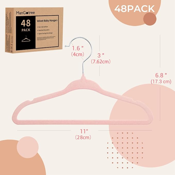 ManGotree 11" Baby Velvet Hangers, Non-Slip Infant Coat Hangers, Ultra-Thin Toddler Felt Hanger with 360° Swivel Hook, Space Saving Children's Hanger for Kids Clothes, 48 Pack (Light Pink) - Image 6