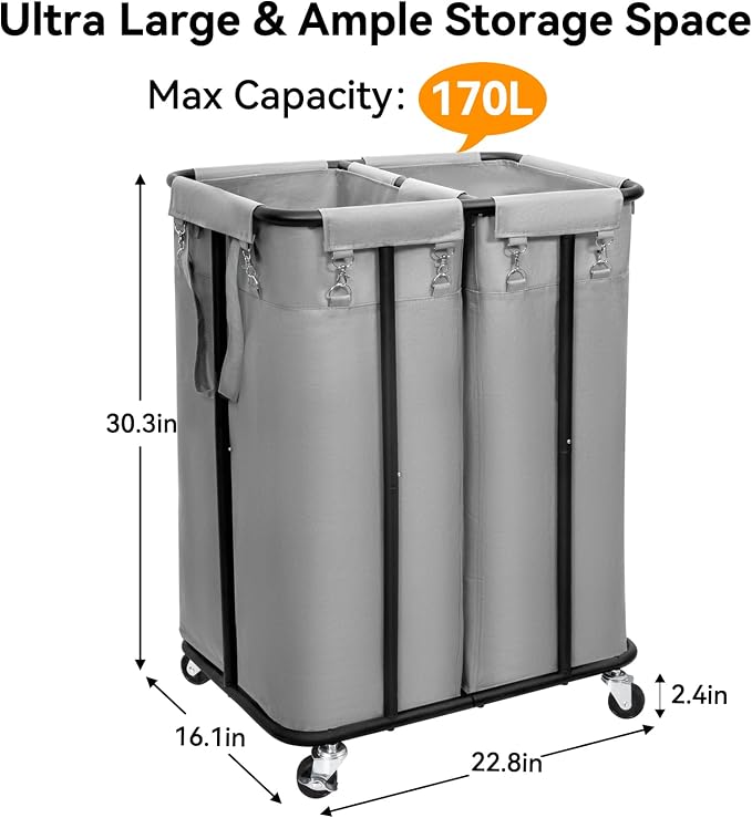 WOWLIVE Double Laundry Hamper with Wheels 170L Rolling Laundry Basket Organizer Laundry Cart with Steel Frame and Removable Bags Large Dirty Clothes Hamper Dorm Room Storage for Bedroom (Grey) - Image 4