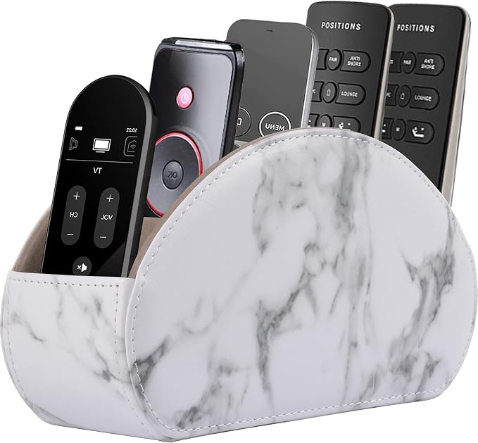 Leather Remote Control Holder with 5 Compartments TV Remote Caddy Store Box,Desktop Organizer for Controller, Glasses and Media Player,Pen Storage (White) by RHCSZ