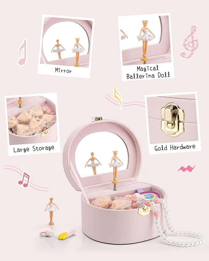 Vlando Musical Jewelry Box for Girls - Valentines Day Gifts for Daughter Kids - Birthday for Girls Ages 4 5 6 7 8-12 Year Old - Kid Music Box with Ballerina for Birthday Bedroom Decor - Light Pink - Image 6