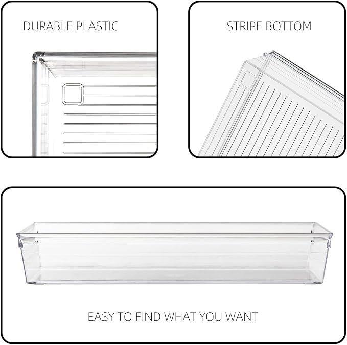 4 Pack 12"x 6" Large Size Clear Plastic Desk Drawer Organizer Tray Bathroom Office Kitchen Utensils Silverware Gadgets Dividers Desk Drawer Storage Bins Container for Dresser Cosmetic Makeup - Image 3
