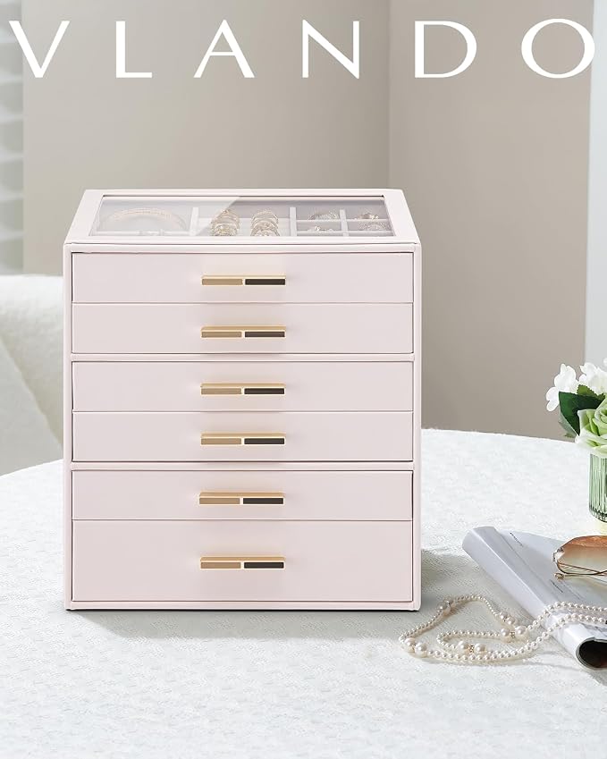 VLANDO 6 Layer Jewelry Box for Women, Glass Lid Jewelry Organizer with 6 Drawers for Necklaces Rings Earrings Bracelets - Light Pink - Image 2
