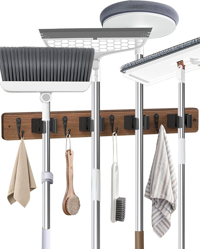 Broom Holder Wall Mounted, 4 Holders and 4 Hooks Mop Holder, Wooden Mop and Broom Holder with Anti slip rubber, Natural pine wood Brush Holder, Mop Wall Holde with Nail installation, Room Storage by AceMining