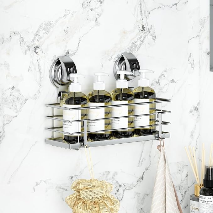 TESOT Suction Cup Shower Caddy, Shower Shelf Soap Dish with Hooks for Razor, Sponge, Rust Proof 304 Stainless Steel, Silver - Image 2