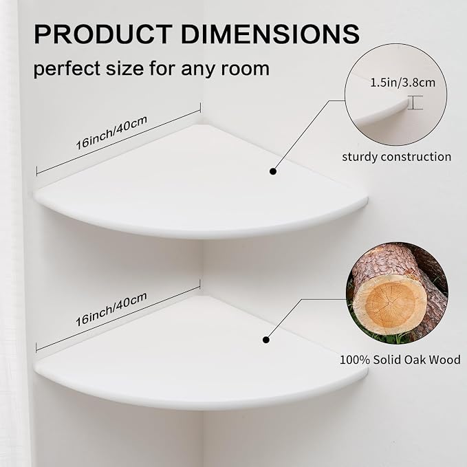 Corner Wall Shelves, White Floating Corner Shelf, Set of 2 16inch Solid Oak Wood Shelves, Round End Wall Mount Display Shelf with Wire Hole for Small Plant for Bedroom Kitchen, Living Room - Image 5