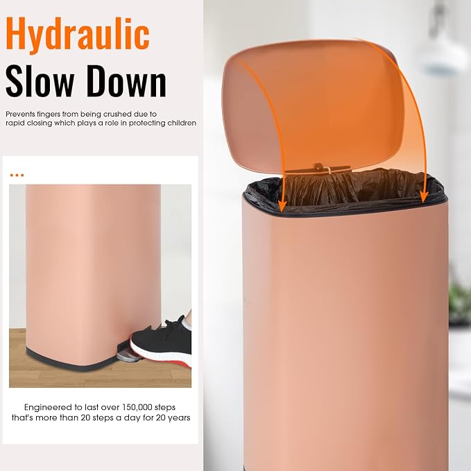 FDW | 13 Gallon Trash Can with Lid | Pink | Fingerprint-Proof | Made of Brushed Stainless Steel | Soft-Close Step Pedal | Hands-Free Use | Easy to Clean | for Kitchen, Office, Bathroom - Image 2