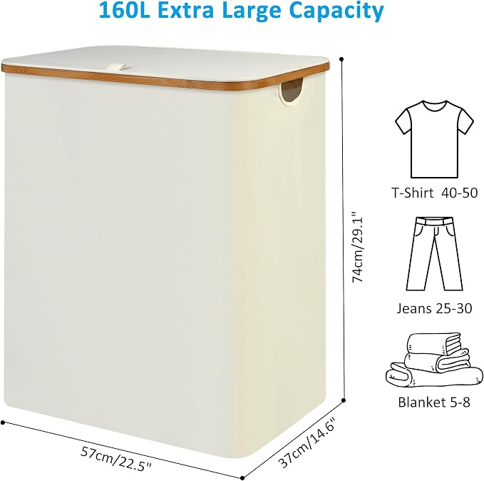efluky Laundry Hamper with Lid, 160L Tall Laundry Basket with Bamboo Handles for Clothes and Toys, Collapsible Laundry Hamper with 2 Inner Bags for Bedroom and Bathroom, Beige - Image 7