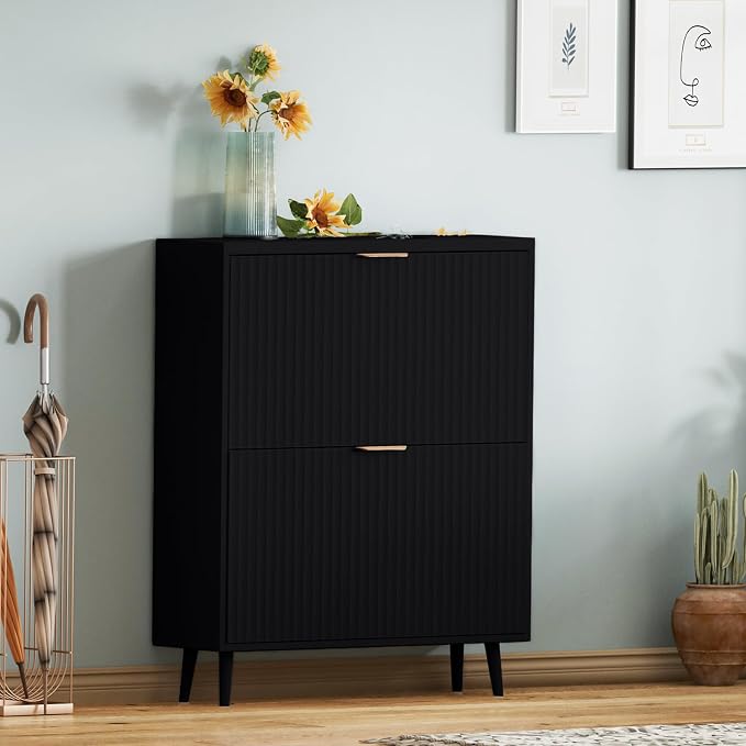 Shoe Cabinet Storage,Modern Freestanding Organizer with 2 Flip Drawers,Narrow Shoe Rack Cabinet for Entryway,Black - Image 7