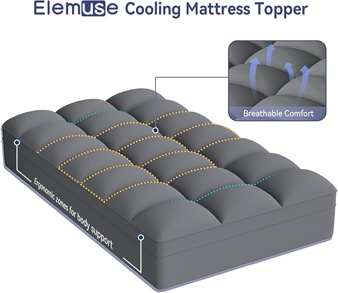 ELEMUSE Twin XL Grey Mattress Topper for College Dorm Room Essentials, Extra Long Twin Mattress Pad for Back Pain Relief, Plush Pillowtop with Elastic Deep Pocket, Overfilled Down Alternative Filling