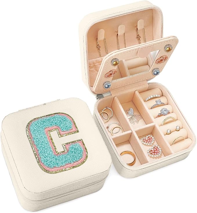 SANDJEST Personalized Jewelry Box, White Travel Jewelry Box with Initial C, Small Monogrammed Jewelry Case Organizer for Girls Women Teen Kids, Mini Travel Essentials Gifts for Birthday Christmas by SANDJEST
