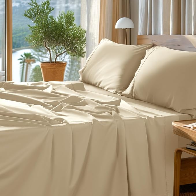 SONORO KATE 100% Egyptian Cotton Sheets Set - 1000 High Thread Count, Luxury 5-Star Hotel Sateen Bed Sheets, Soft, Breathable Long Staple Sheets, Fit up to 16" - 4 PC (Beige,Queen)