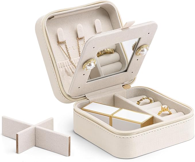 Vlando Small Travel Jewelry Box Organizer - Mirrored Carry-on Jewelries Necklaces Rings Earrings Necklace Storage Case, Beige by VLANDO