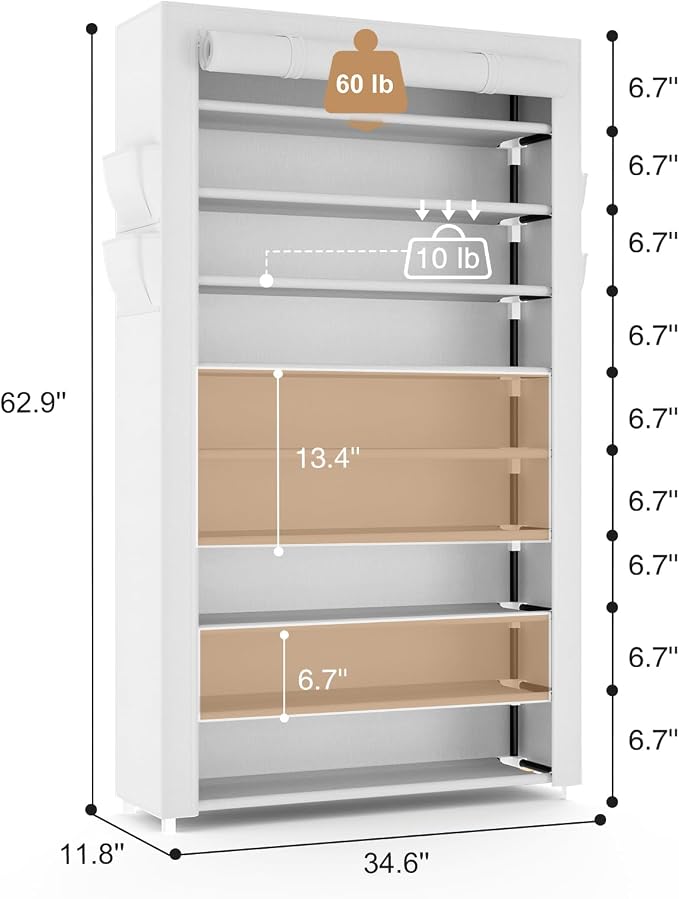 VILICK Shoe Rack with Cover Narrow Shoe Organizer with Pockets 10 Tier Tall Shoe Storage Holds 36-41 Pairs Shoes and Boots Shoe Rack for Closet Entryway Garage, White - Image 3