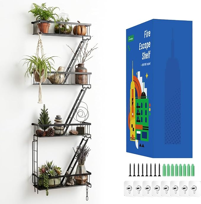 SweetSage Fire Escape Wall Shelf 4 Tier - NYC Decorative Floating Shelf Black Metal Book Shelves for Home Office Apartment Organizer and Display by HOME