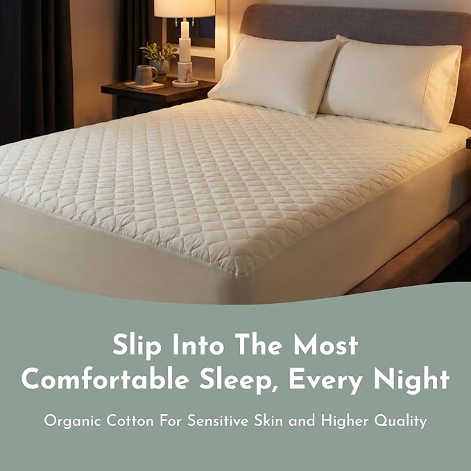 100% Cotton Organic Mattress Protector | Breathable & Noiseless GOTS Organic Mattress Pad with Premium 300GSM Durability | Machine Washable Quilted Bed Protector with Deep Pocket (Ivory, Full)