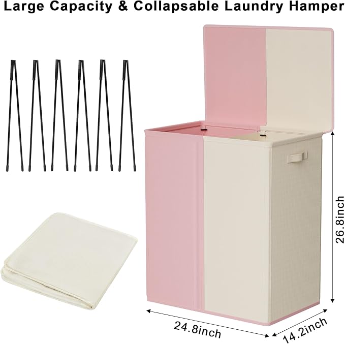 WOWLIVE Double Laundry Baseket with Lid and Removable Laundry Bags,154L Large Laundry Hamper 2 Section Collapsible Dirty Clothes Hamper for Laundry Room,College Dorm,Bathroom,Pink and Beige - Image 5