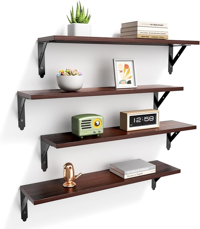 ROMGUAR CRAFT Wood Floating Shelves Set of 4, Rustic Storage Decor Wall Shelves, Wall Mounted Shelf for Living Room, Bedroom 23.6" x 6", Brown by ROMGUAR+CRAFT