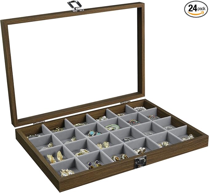 Stratalife Jewelry Organizer Vintage Jewelry Display Case Earring Box Wood Ring Storage with Lid Earrings Holder for Women Drawers 24 Grid by Stratalife