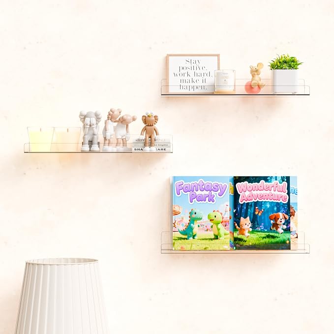Yieach 4 Pack 15" Acrylic Shelves for Wall,Bathroom,Bedroom - with Adhesive - No Drilling Clear Floating Shelves for Funko Pop,Lego,Action Figures,Nail Polish,Perfume Shelf and Wall Storage & Display - Image 2