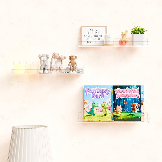 Yieach 2 Pack 15" Acrylic Shelves for Wall,Bathroom,Bedroom - with Adhesive - No Drilling Clear Floating Shelves for Funko Pop,Lego,Action Figures,Nail Polish,Perfume Shelf and Wall Storage & Display - Image 2