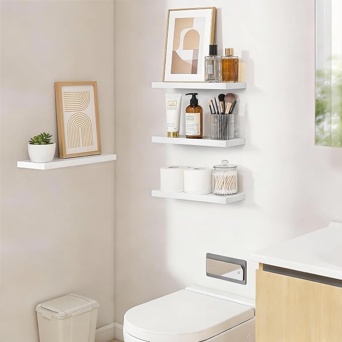 BAYKA Floating Shelves for Wall, 15.7in Wall Mounted Rustic Wood Shelves for Bathroom, Bedroom, Living Room, Kitchen, Hanging Shelf for Books/Storage/Room Decor with 22lbs Capacity (White, Set of 4) - Image 4