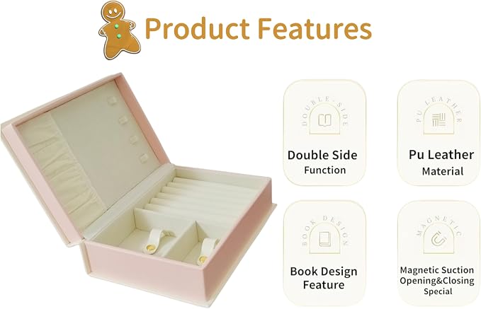 PU Leather Book Jewelry Organizer Box with Magnetic Closure, Stylish Jewelry Box for Women and Girls,Travle Jewelry Case for Rings Necklaces Earring (Ashy Pink) - Image 5