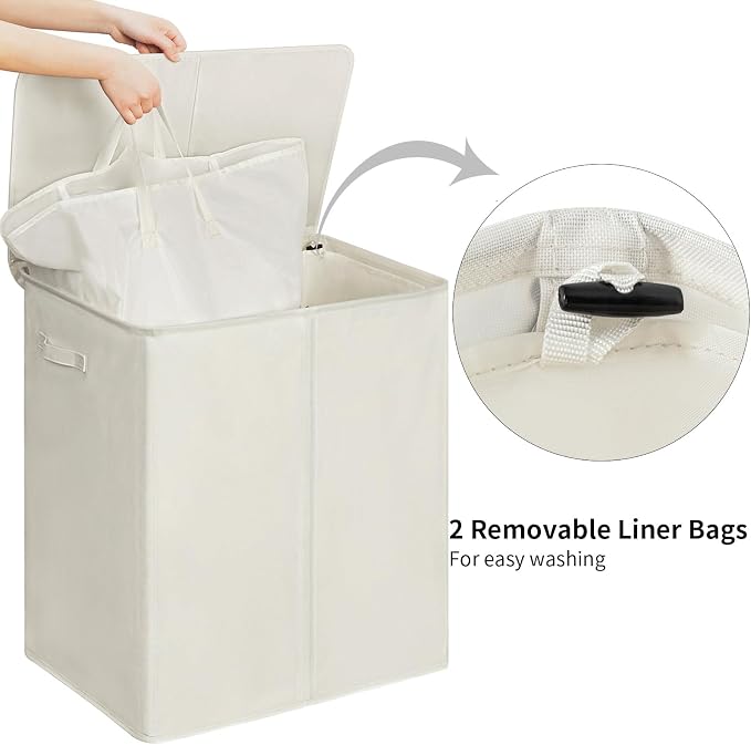 WOWLIVE 180L Double Laundry Hamper with Lid and Removable Laundry Bags, Large Dirty Clothes Hamper 2 section Collapsible Laundry Basket Dorm Room Storage for Bedroom, Bathroom, College,Beige - Image 5