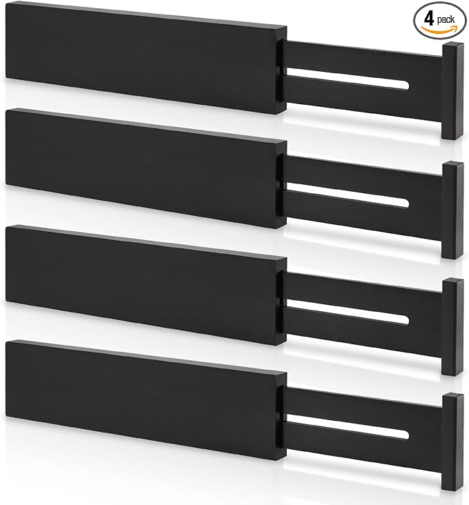 4 Pack Bamboo Drawer Dividers 2.6" High, Adjustable Length from 12 Inch to 17 Inch, Expandable Kitchen Drawer Organizer Separators for Clothes, Kitchen, Bedroom, Dresser, Office (Black) by BESHOF
