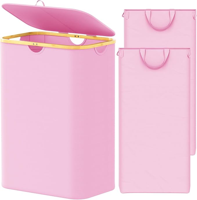 SpaceAid Double Laundry Hamper 2 Section with Lid and Removable Laundry Bags, 160L Clothes Basket with Bamboo Handles, Large Collapsible Hamper for Bedroom, Bathroom, Dorm, Laundry Room - Pink by SpaceAid