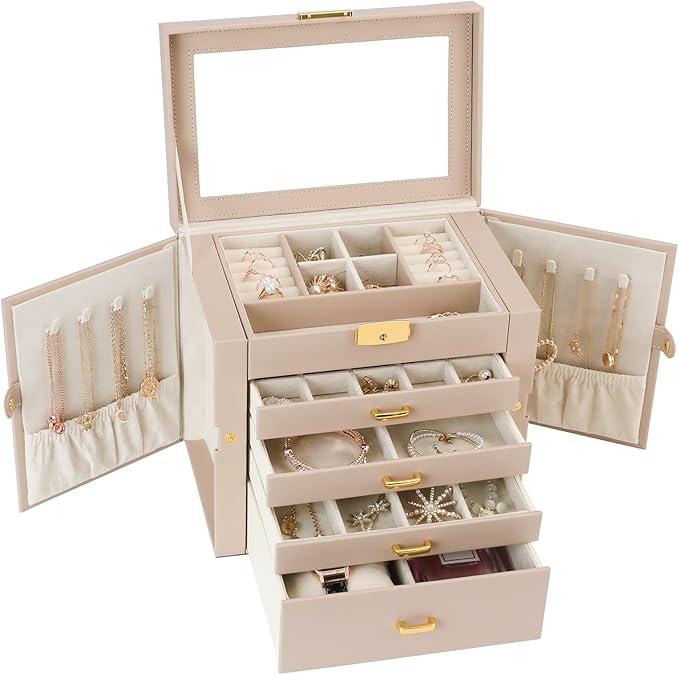 Jewelry Box for Women, 5-Layer Jewelry Organizers Box, Large Jewelry Storage Box for Girls, Jewelry Holder Organizers Gift for Valentine's Day, Christmas (Apricot) by HOME