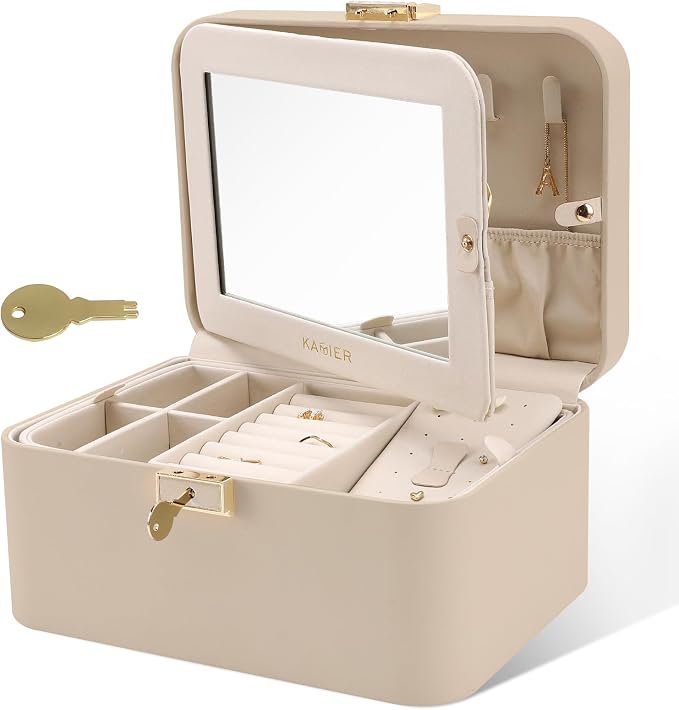 Upgraded Jewelry Box, 2 Layers PU Leather Jewelry Organizer for Women with Lock and Mirror, Hidden Necklace Hook and Removable Divider Large Capacity Travel Jewelry Box Ideal for Gift-With Gift Box by KAMIER