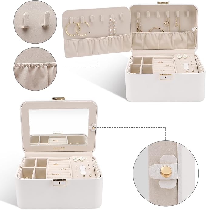 KAMIER Travel Jewelry Box, 2 Layers PU Leather Portable Jewelry Organizer, Large Capacity, Double Lock and Large Mirror, Hidden Necklace Hooks, Removable Dividers, Gift Box Packaging, White - Image 3