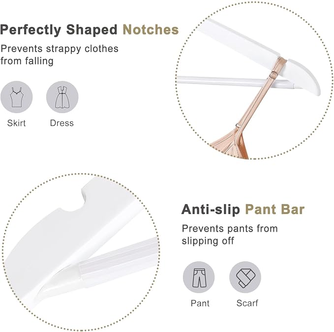 TOPIA HANGER Wooden Hangers 30 Pack, White Wood Coat Hanger with 360° Swivel Gold Hook, Non Slip Pants Bar and Shoulder Notches for Camisole, Jacket, Pants, Smooth Finish Clothes Hangers -CT34WG30 - Image 3