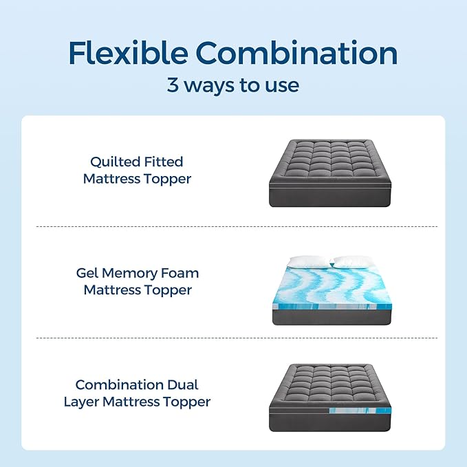 Premium Dual Layer 4 Inch Memory Foam Mattress Topper, 2 Inch Gel Memory Foam and 2 Inch Pillow Top Mattress Pad Cover for Back Pain, Extra Thick Comfort Support（Full 54"x75"） Grey