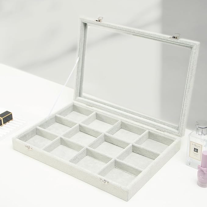 Coward Jewelry Organizer Tray Box, Grey Beige Velvet 12 Grids Bracelet Bangle Necklace Jewelry Display Tray Case with Transparent Glass Lid for Home Desk Drawer or Store Selling Show - Image 5