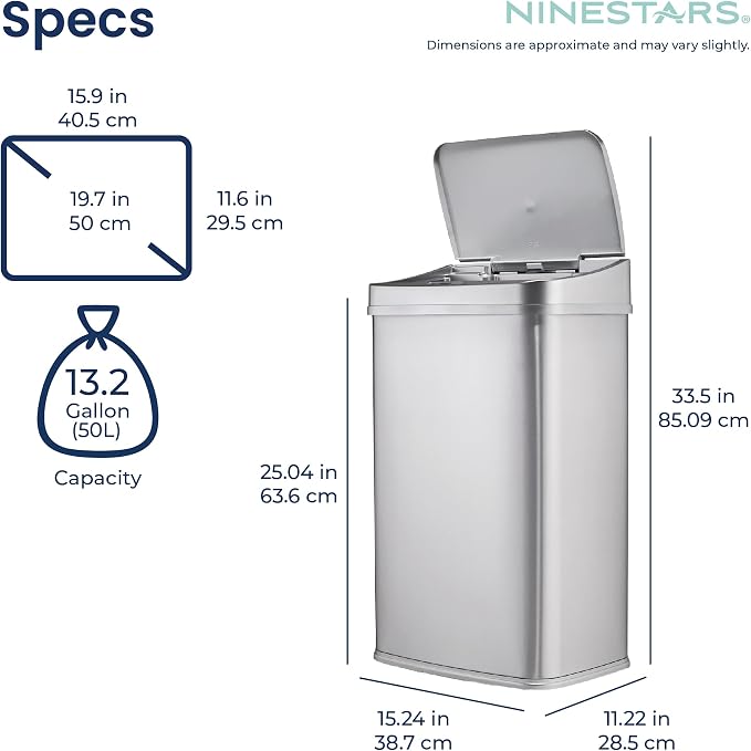 Ninestars 13 Gallon Automatic Trash Can, 50L Touchless Motion Sensor Garbage Can with Odor-Sealing Lid, Rectangular Stainless Steel, Silver Trim - Image 7