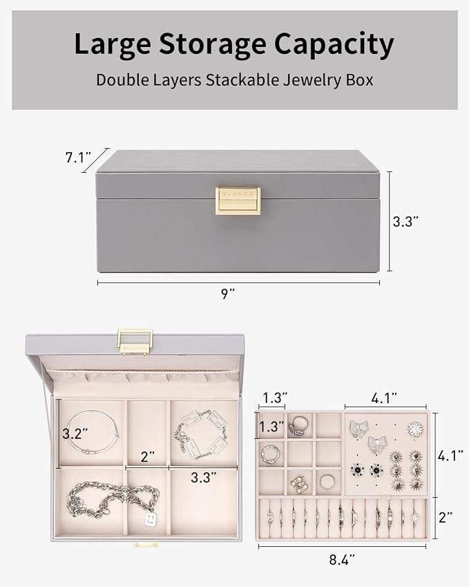 VLANDO 2 Layer Jewelry Box Large Jewelry Organizer for Women Removable Jewelery Tray for Necklace Earrings Rings Bracelets Jewelry Boxes Christmas Birthday Gifts for Women(Grey) - Image 5