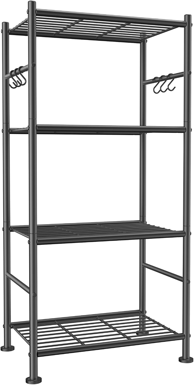 Sakugi Storage Shelves - 4-Tier Large Capacity Shelf Organizer with Hooks, Heavy-Duty Garage Shelving with Leveling Feet, Wobble-Free Rack for Bedroom, Balcony, Garage, 18.1"×12.4"×43.7", Black by Sakugi