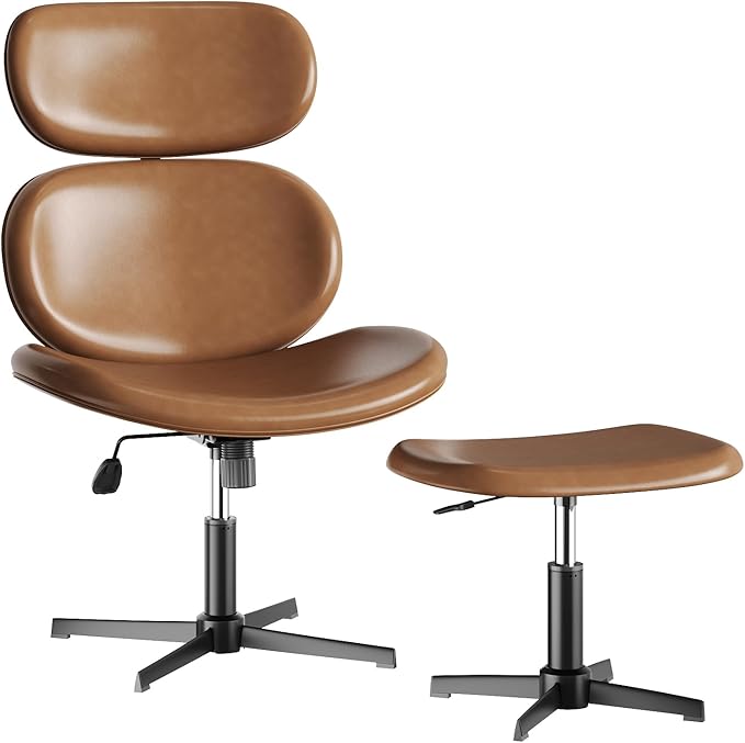 Bestier Swivel Modern Chair with Ottoman No Wheels, PU Criss Cross Reading Chair with Extended Headrest & Adjustable Seat, Modern Armless Ergonomic Chair for Living Room, Brown