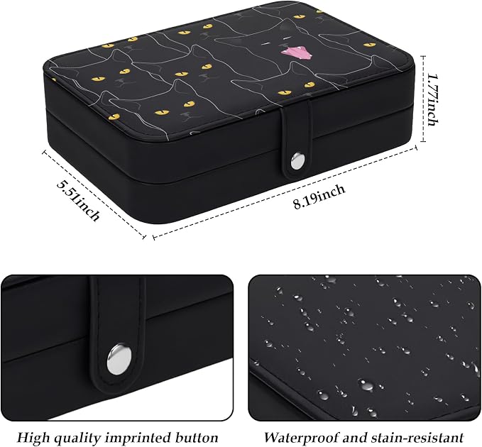 Jewelry Box Organizer Leather Travel Jewelry Case for Women Girls Small Jewellery Box Black Cats Pattern Portable Travel Jewellery Storage Holder Gifts for Birthday Christmas Thanksgiving - Image 2